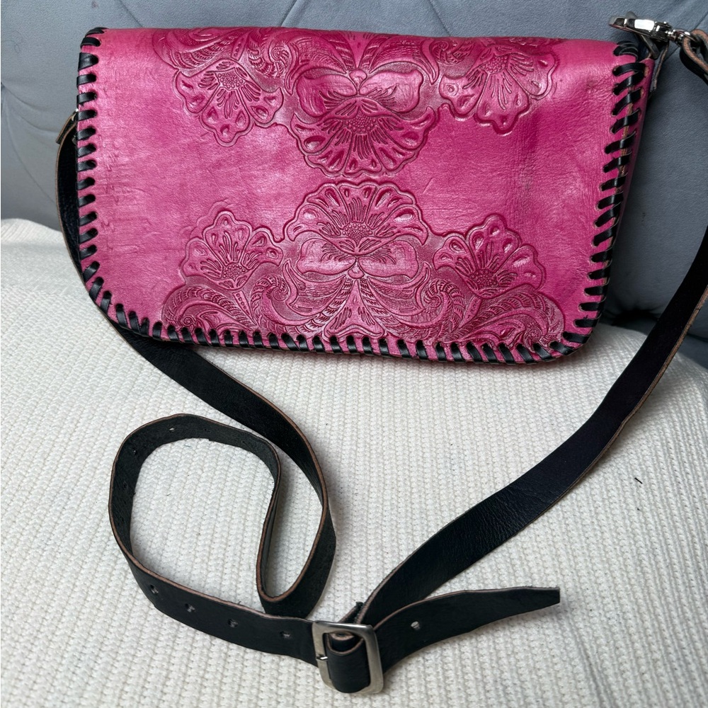 Pink Floral Hand Tooled Leather‎ Purse - Picture 2 of 4
